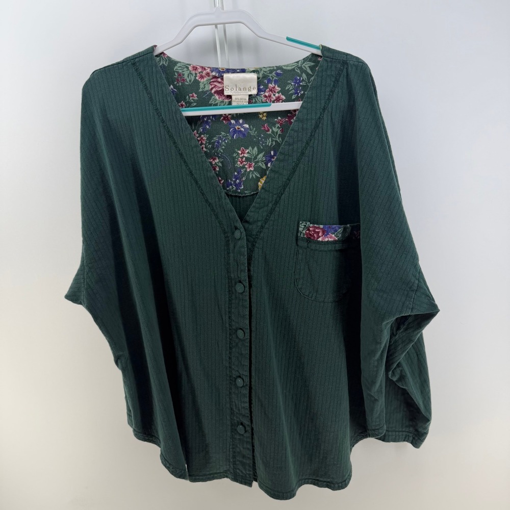 Solange Button Down Womens 26/28 Green Floral Trim Cotton Top Cottagecore